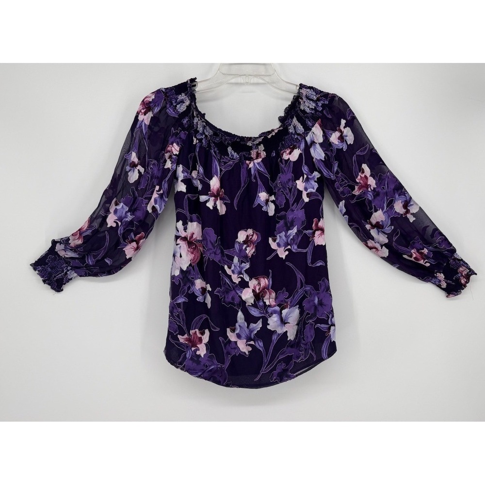 White House Black Market Purple Floral Silk Blend Smocked Off Shoulder Top XXS